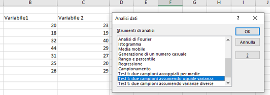 comandi t test a campioni indipendenti su Excel